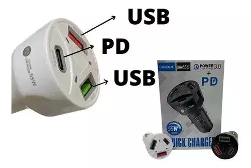 Carregador Veicular Celular Turbo 55w 3 Saídas Usb e Tipo C